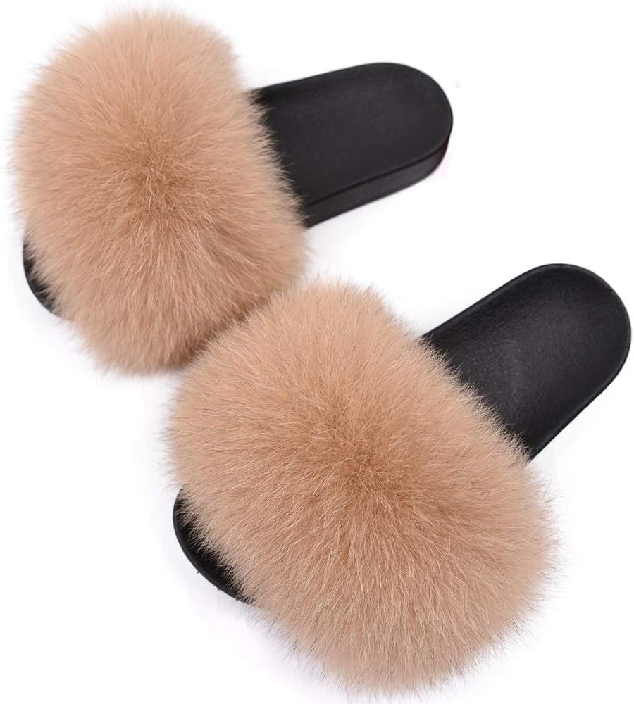 Real Fox Fur Slides for Women - Fluffy Fur Slippers Open Toe Flat Sandals for Outdoor