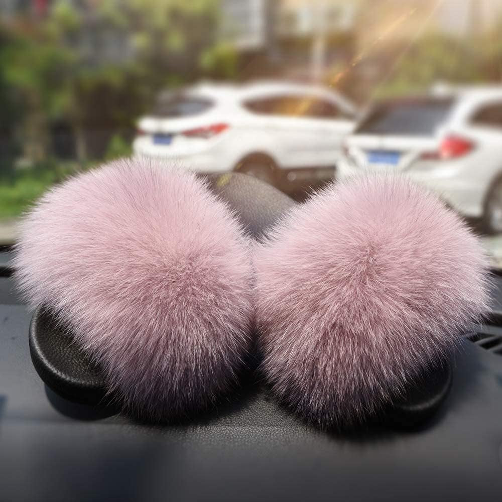 Real Fox Fur Slides for Women - Fluffy Fur Slippers Open Toe Flat Sandals for Outdoor