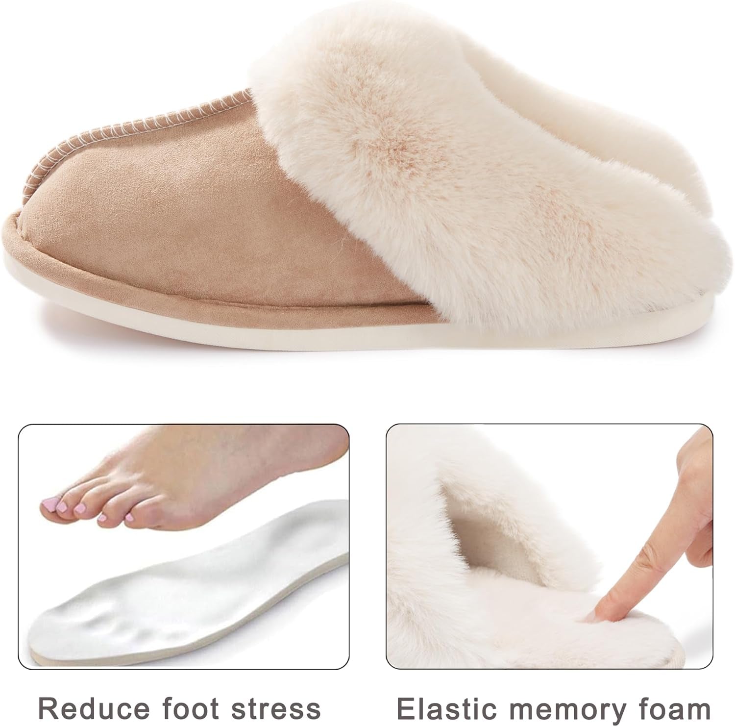 Womens Slipper with Memory Foam Fluffy Soft Warm Slip on House Slippers Anti-Skid Cozy Plush for Indoor Outdoor