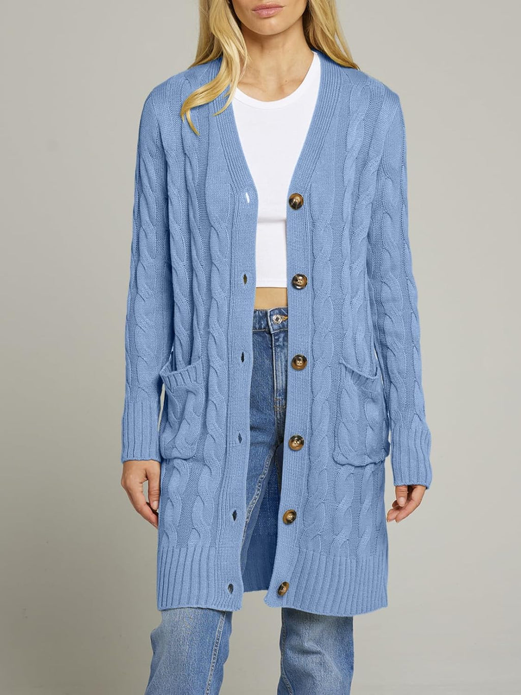 Women'S 2024 Long Sleeve Cable Knit Long Cardigan Open Front Button Sweater Outerwear Blue