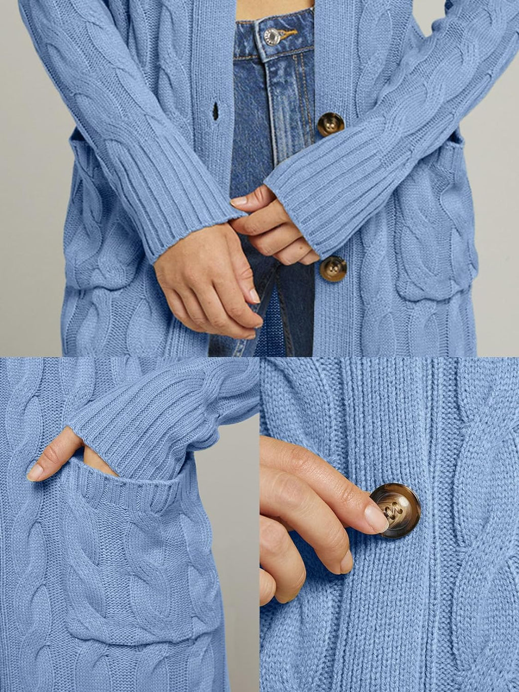 Women'S 2024 Long Sleeve Cable Knit Long Cardigan Open Front Button Sweater Outerwear Blue